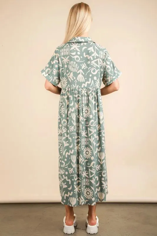VERY J Oversized Printed Shirt Midi Dress