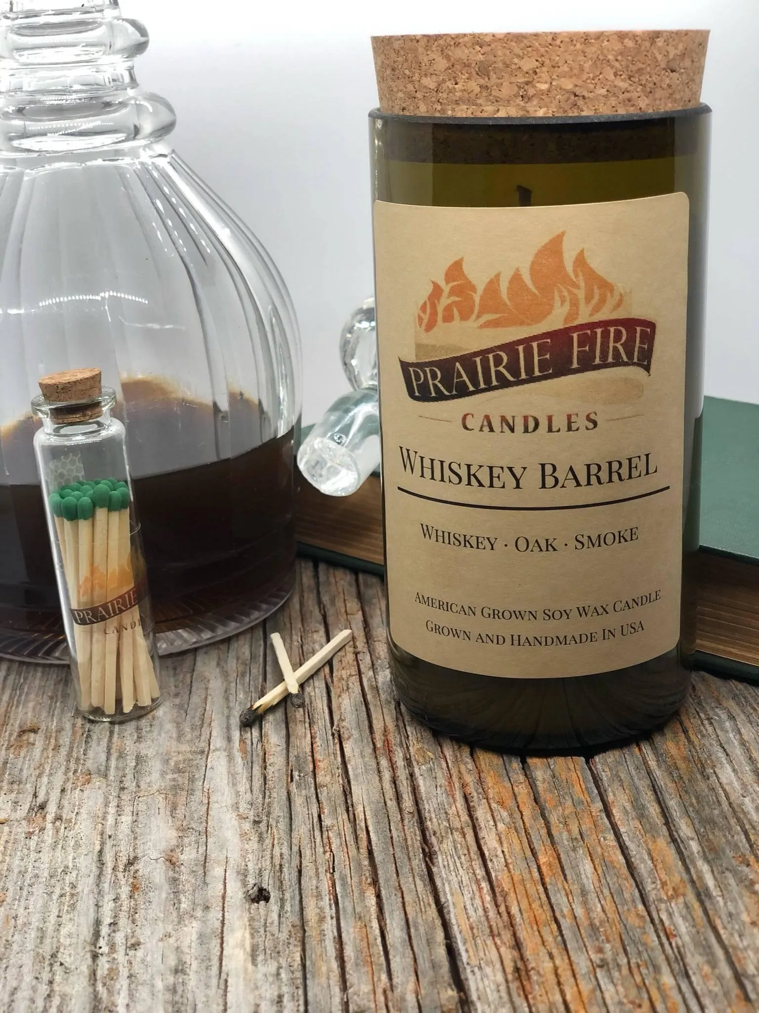 Whiskey Barrel Soy Wax Candle | Repurposed Wine Bottle Candle Natural Cork | Handmade in USA Candle | Eco-Friendly Candle | Non-Toxic Soy Candle