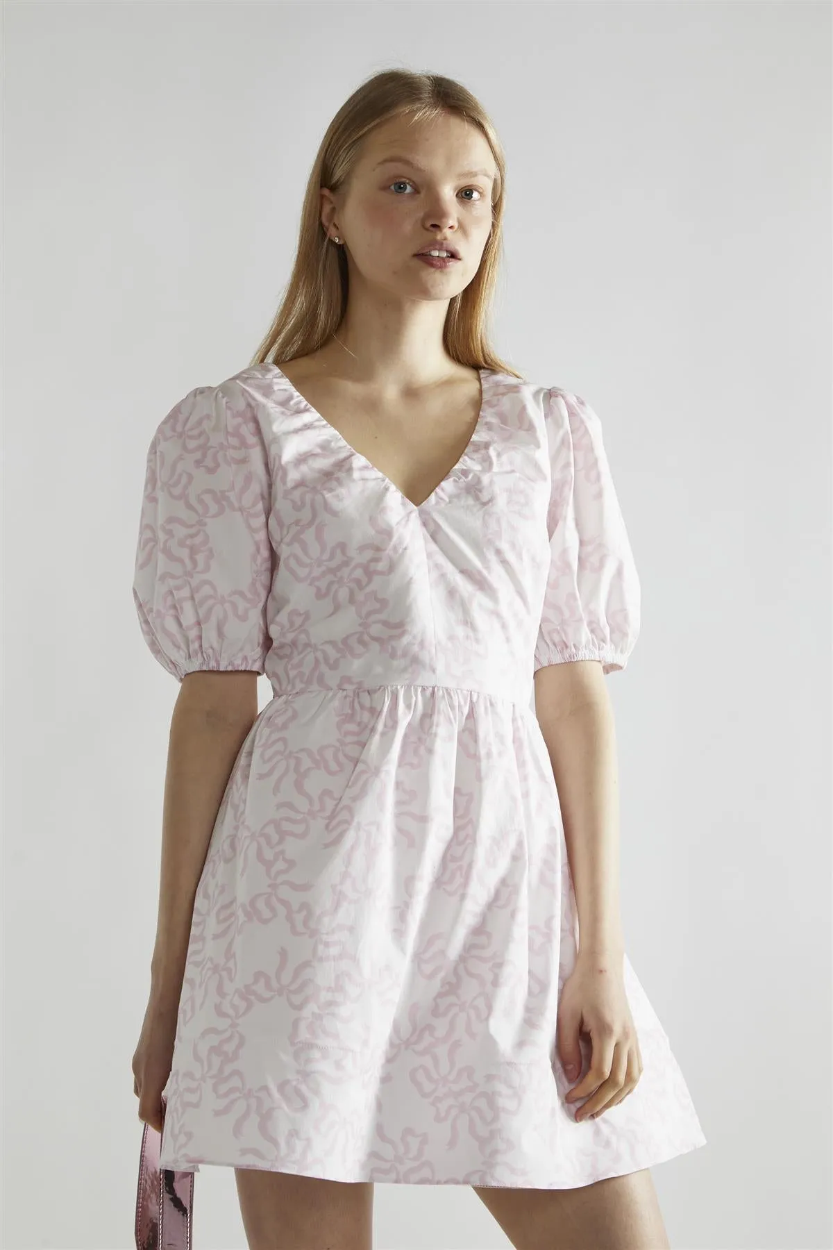 White-Pink Bow V-Neck Mini-Dress