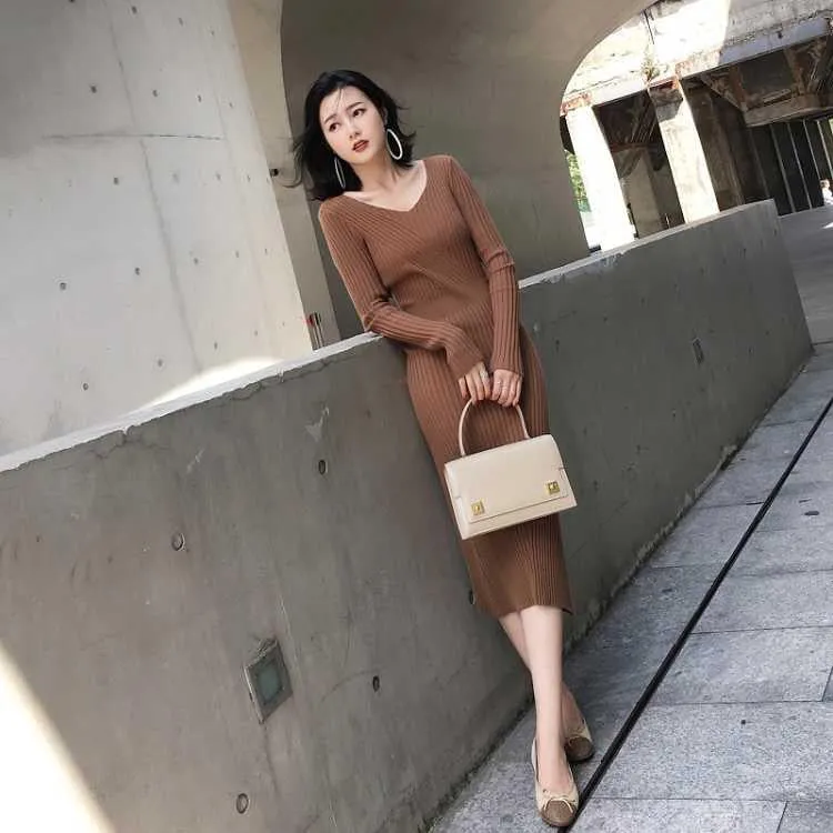 Women V-neck Sweater Dress Women's Loose Casual Dress Women Long Sleeve Knitted Dresses