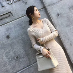 Women V-neck Sweater Dress Women's Loose Casual Dress Women Long Sleeve Knitted Dresses
