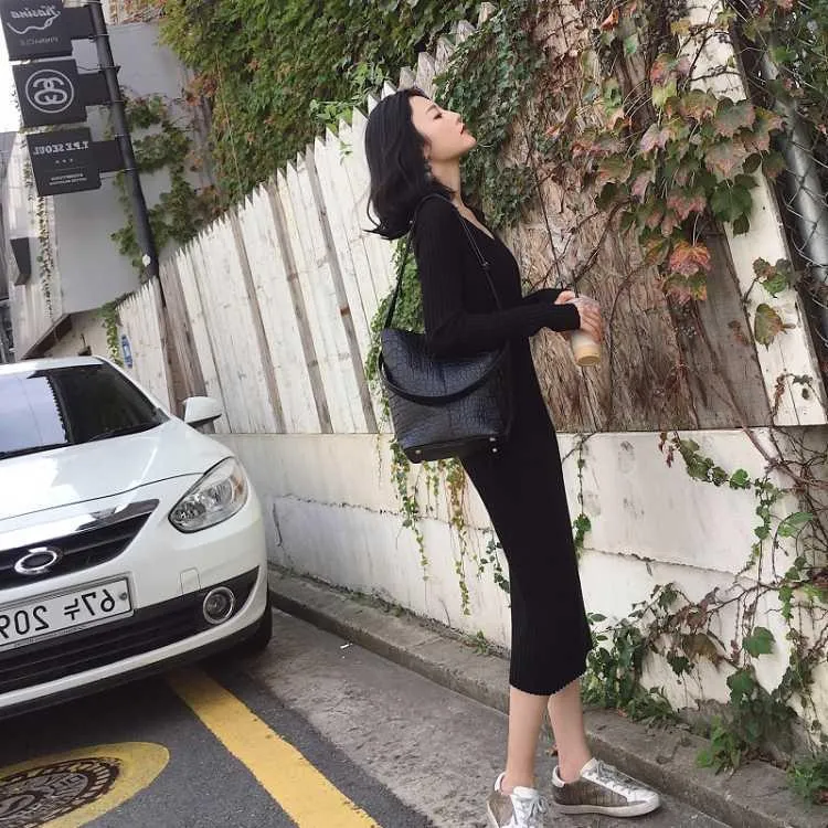 Women V-neck Sweater Dress Women's Loose Casual Dress Women Long Sleeve Knitted Dresses