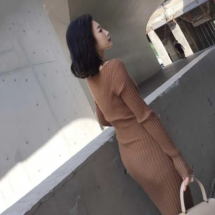 Women V-neck Sweater Dress Women's Loose Casual Dress Women Long Sleeve Knitted Dresses