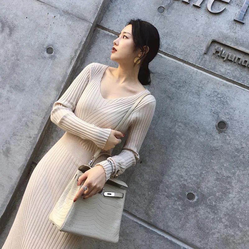 Women V-neck Sweater Dress Women's Loose Casual Dress Women Long Sleeve Knitted Dresses