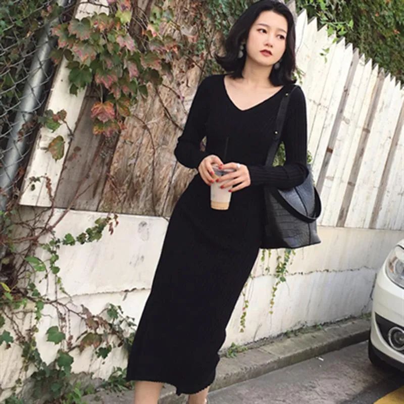 Women V-neck Sweater Dress Women's Loose Casual Dress Women Long Sleeve Knitted Dresses
