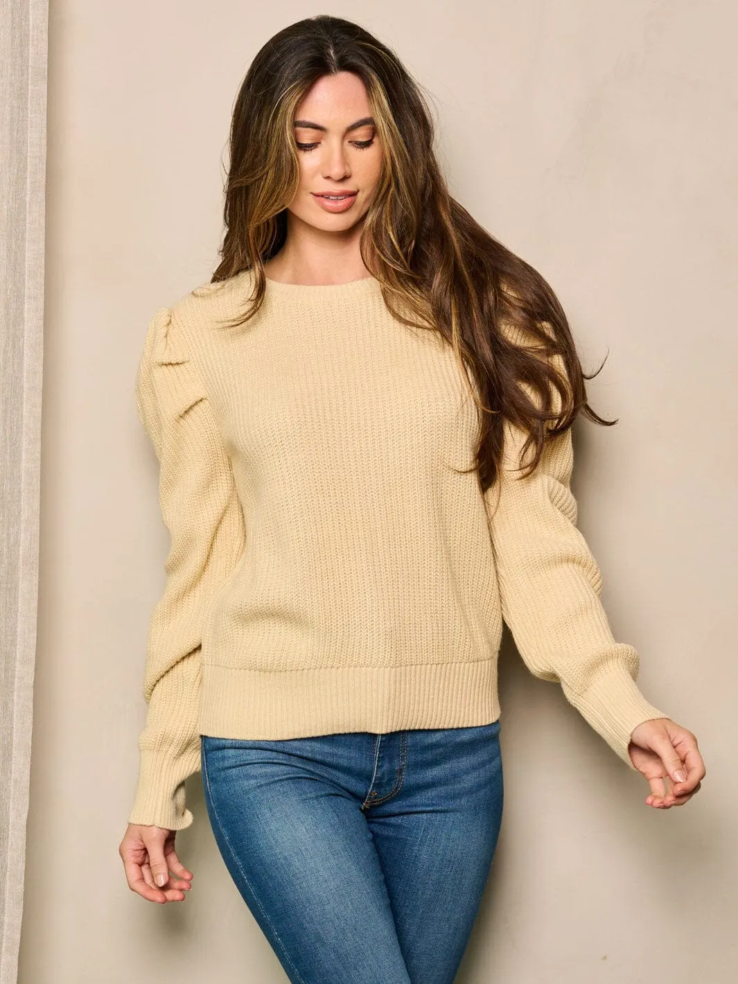 WOMEN'S LONG PUFF SLEEVE KNIT PULLOVER SWEATER