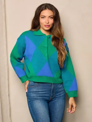 WOMEN'S LONG SLEEVE BUTTON UP COLORBLOCK PULLOVER SWEATER