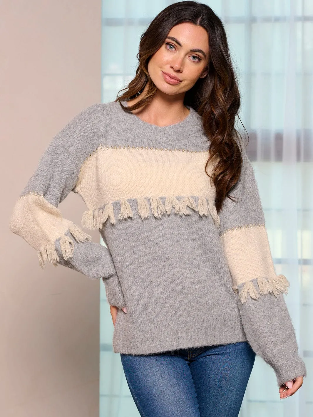 WOMEN'S LONG SLEEVE COLORBLOCK FRINGE PULLOVER SWEATER