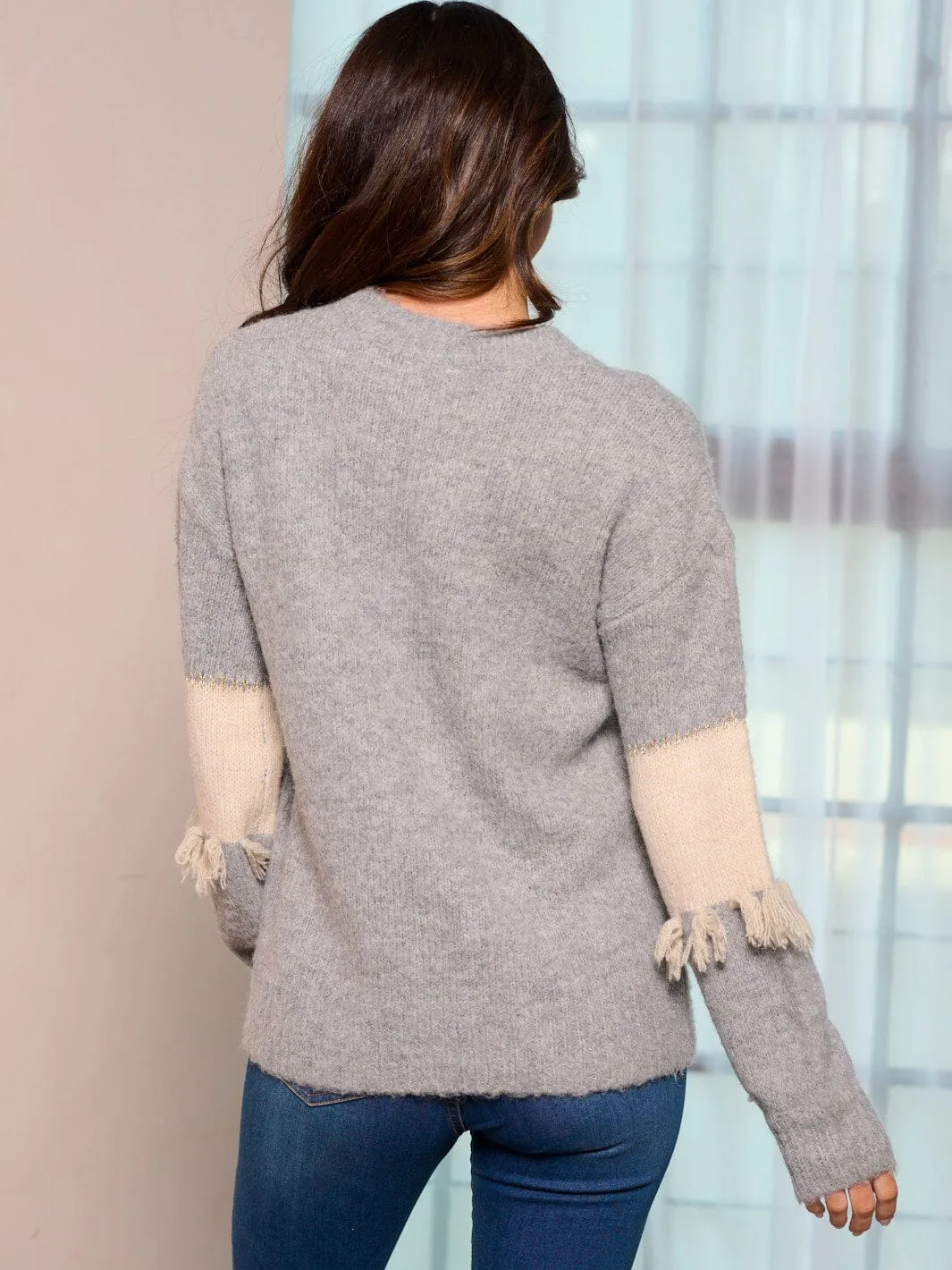 WOMEN'S LONG SLEEVE COLORBLOCK FRINGE PULLOVER SWEATER