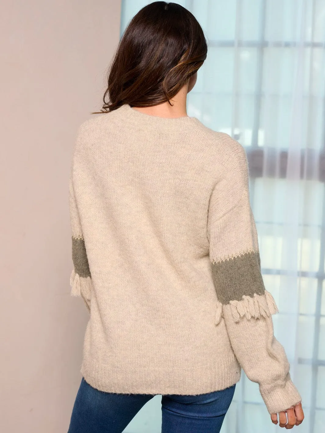 WOMEN'S LONG SLEEVE COLORBLOCK FRINGE PULLOVER SWEATER