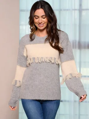WOMEN'S LONG SLEEVE COLORBLOCK FRINGE PULLOVER SWEATER