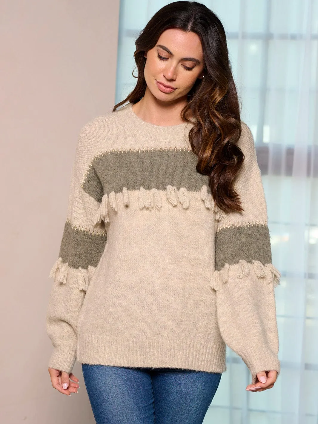 WOMEN'S LONG SLEEVE COLORBLOCK FRINGE PULLOVER SWEATER