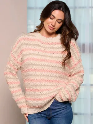 WOMEN'S LONG SLEEVE COLORBLOCK FUZZY STRIPES PULLOVER SWEATER