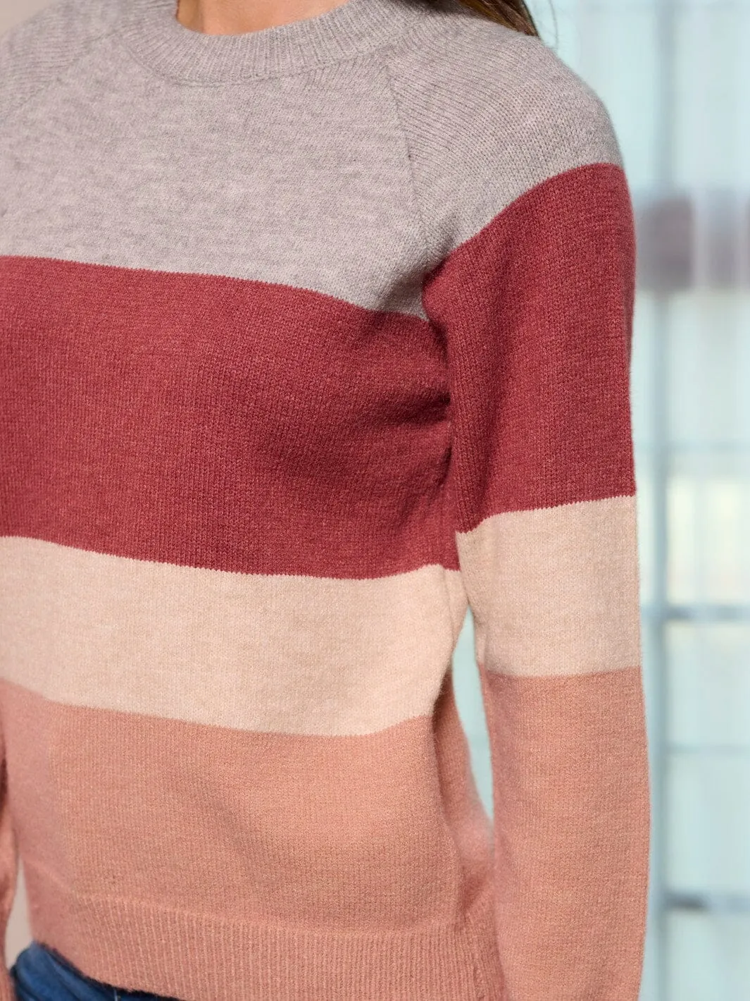 WOMEN'S LONG SLEEVE COLORBLOCK STRIPES PULLOVER SWEATER