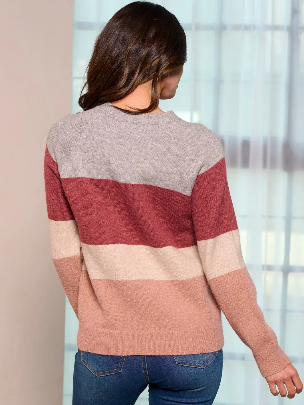 WOMEN'S LONG SLEEVE COLORBLOCK STRIPES PULLOVER SWEATER