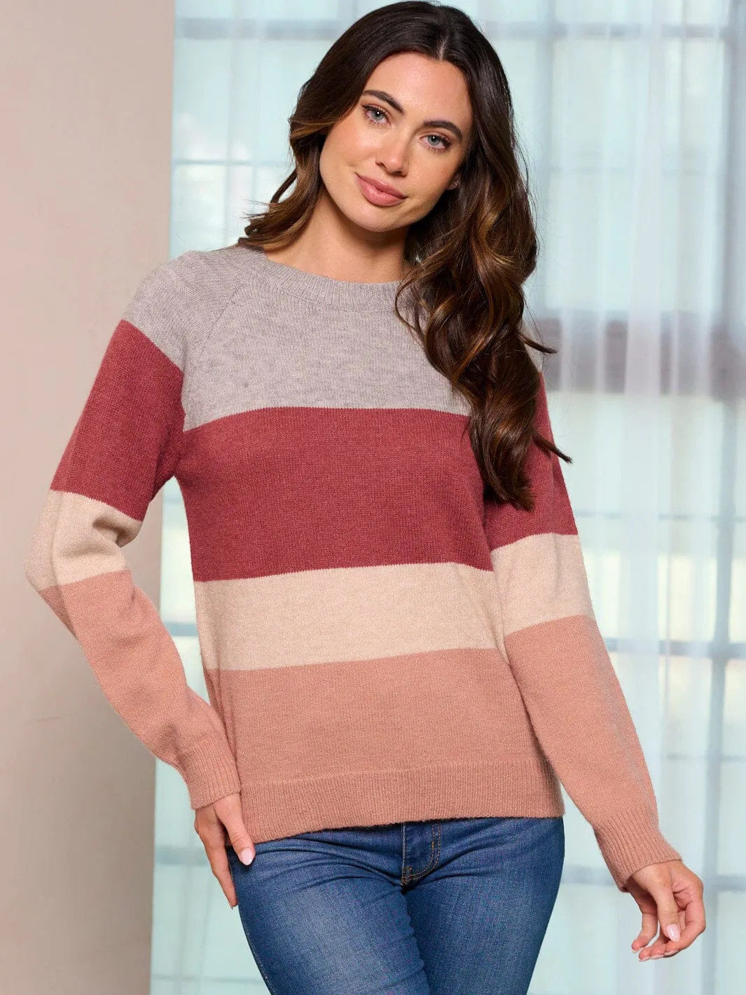 WOMEN'S LONG SLEEVE COLORBLOCK STRIPES PULLOVER SWEATER