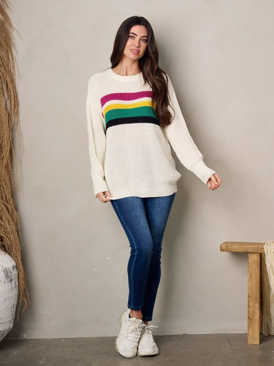 WOMEN'S LONG SLEEVE MULTI COLOR STRIPES PULLOVER SWEATER