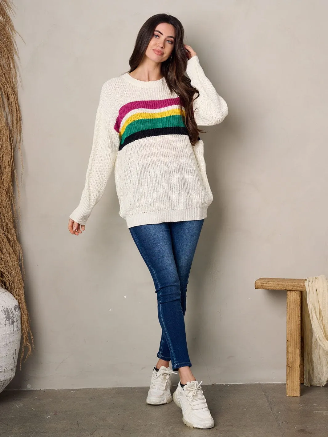 WOMEN'S LONG SLEEVE MULTI COLOR STRIPES PULLOVER SWEATER