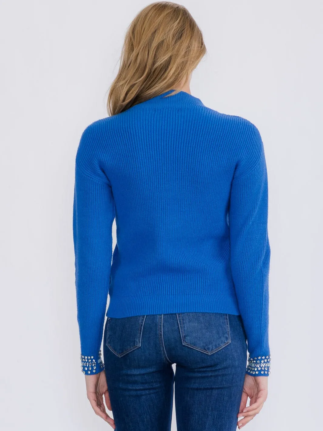 WOMEN'S LONG SLEEVE TRIM STUDS DETAILED  PULLOVER SWEATER