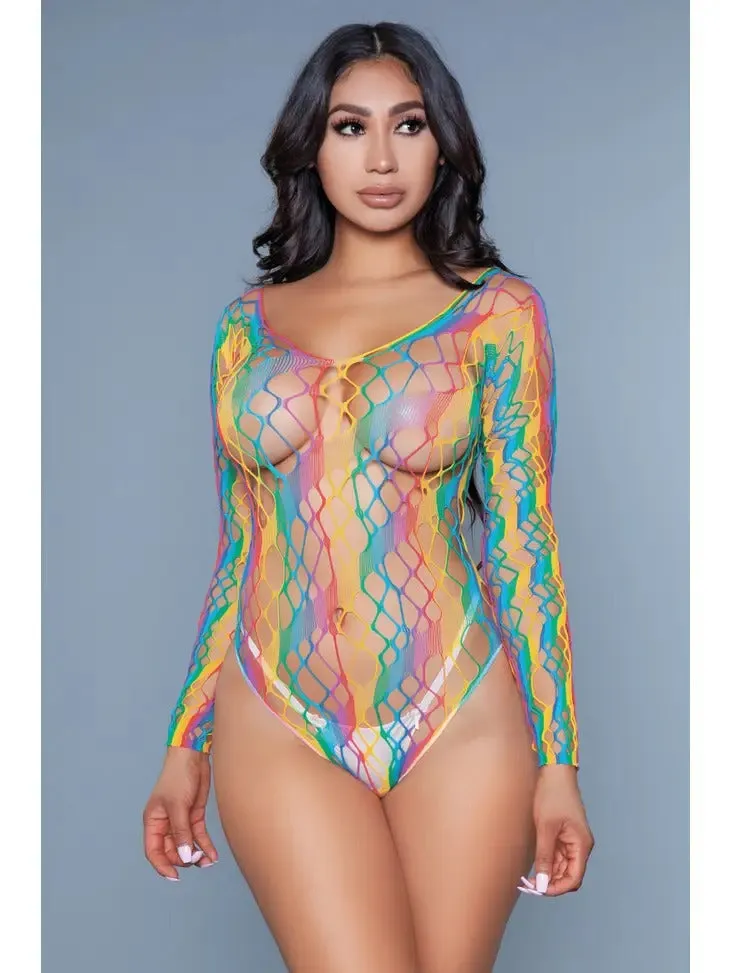 Women's Rainbow Striped Fishnet Bodysuit (Panty Not Included)