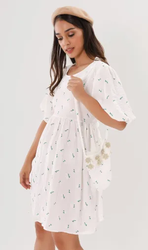 YANA Floral-Print Puff-Sleeve Babydoll Dress w/ Bag (White)