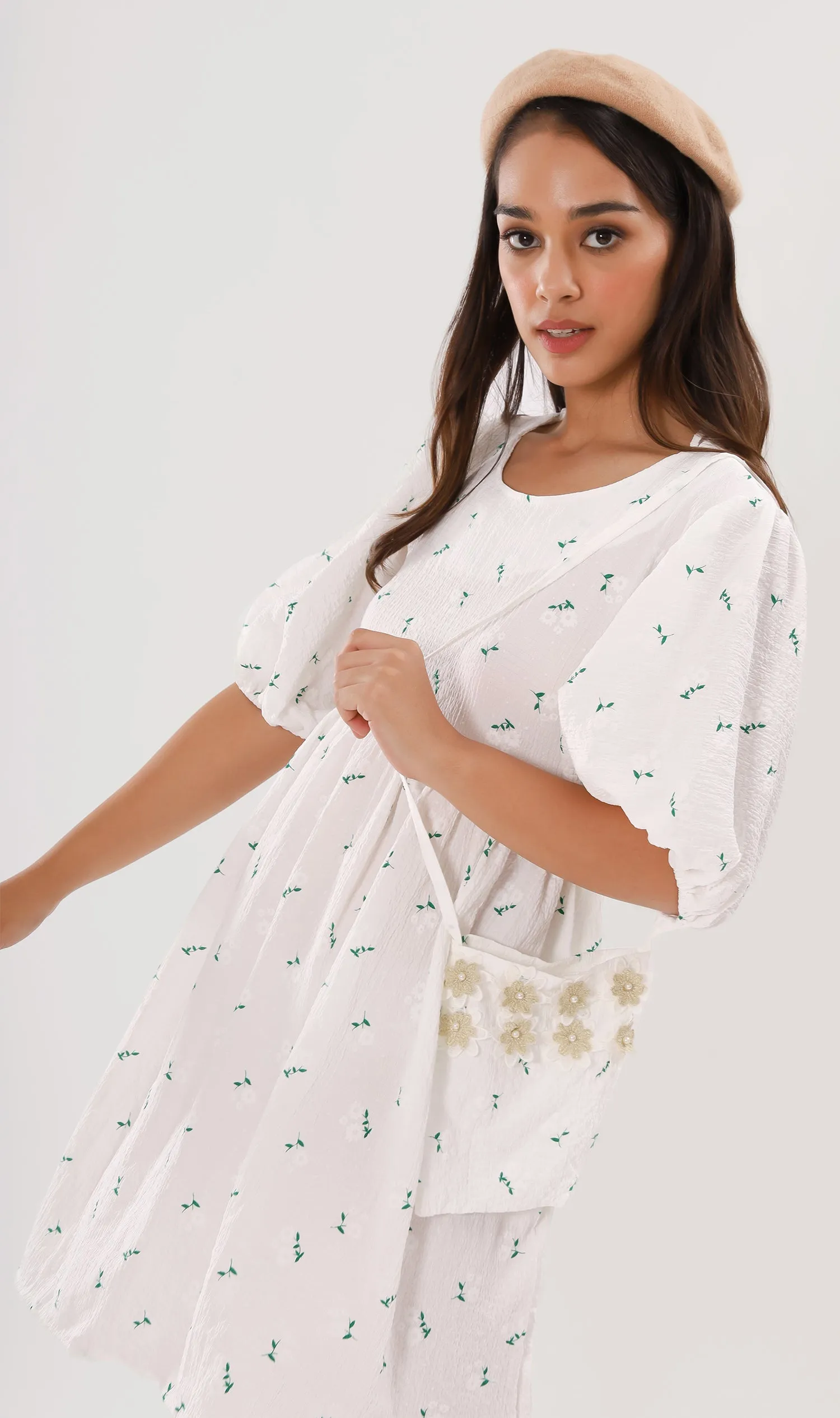 YANA Floral-Print Puff-Sleeve Babydoll Dress w/ Bag (White)
