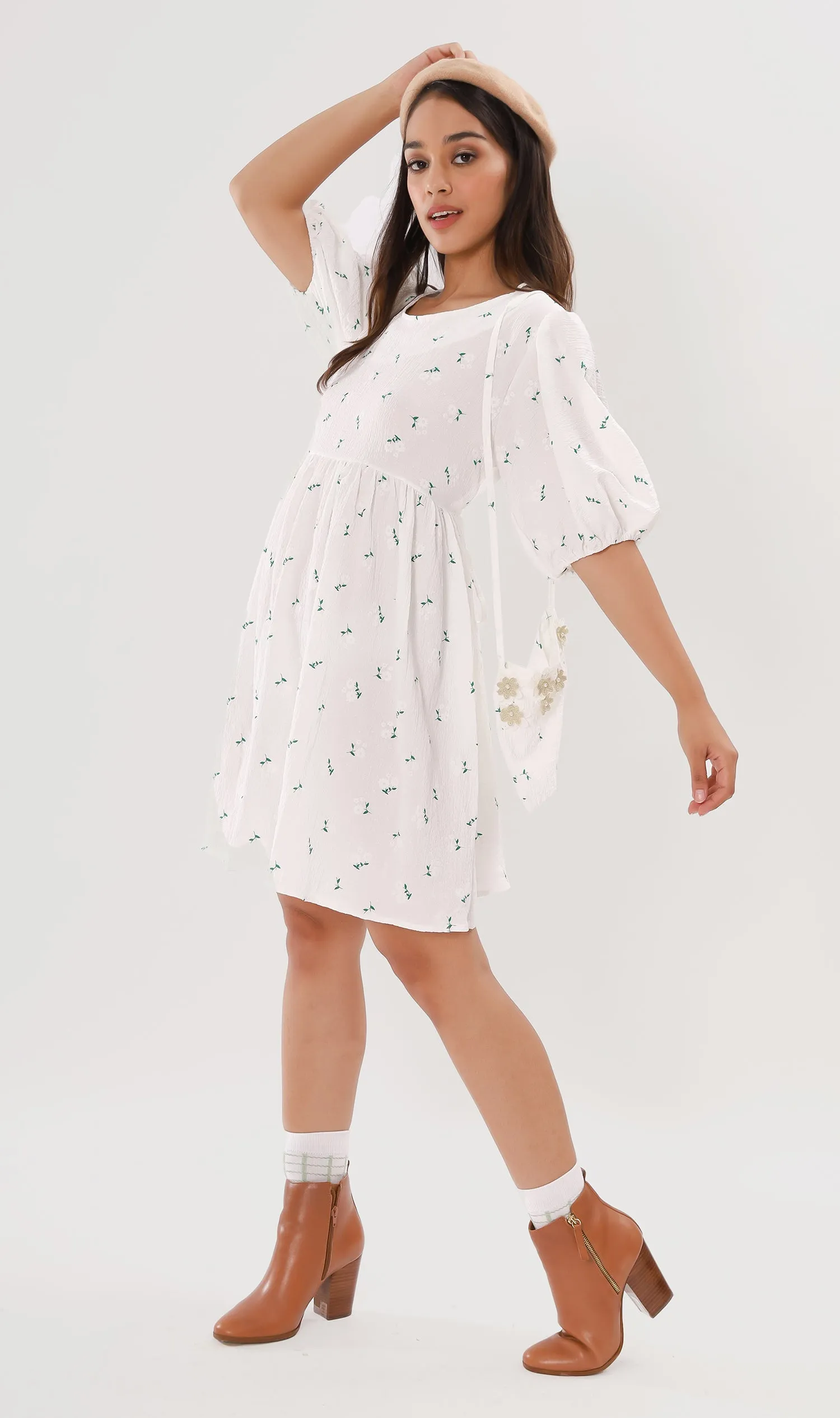 YANA Floral-Print Puff-Sleeve Babydoll Dress w/ Bag (White)