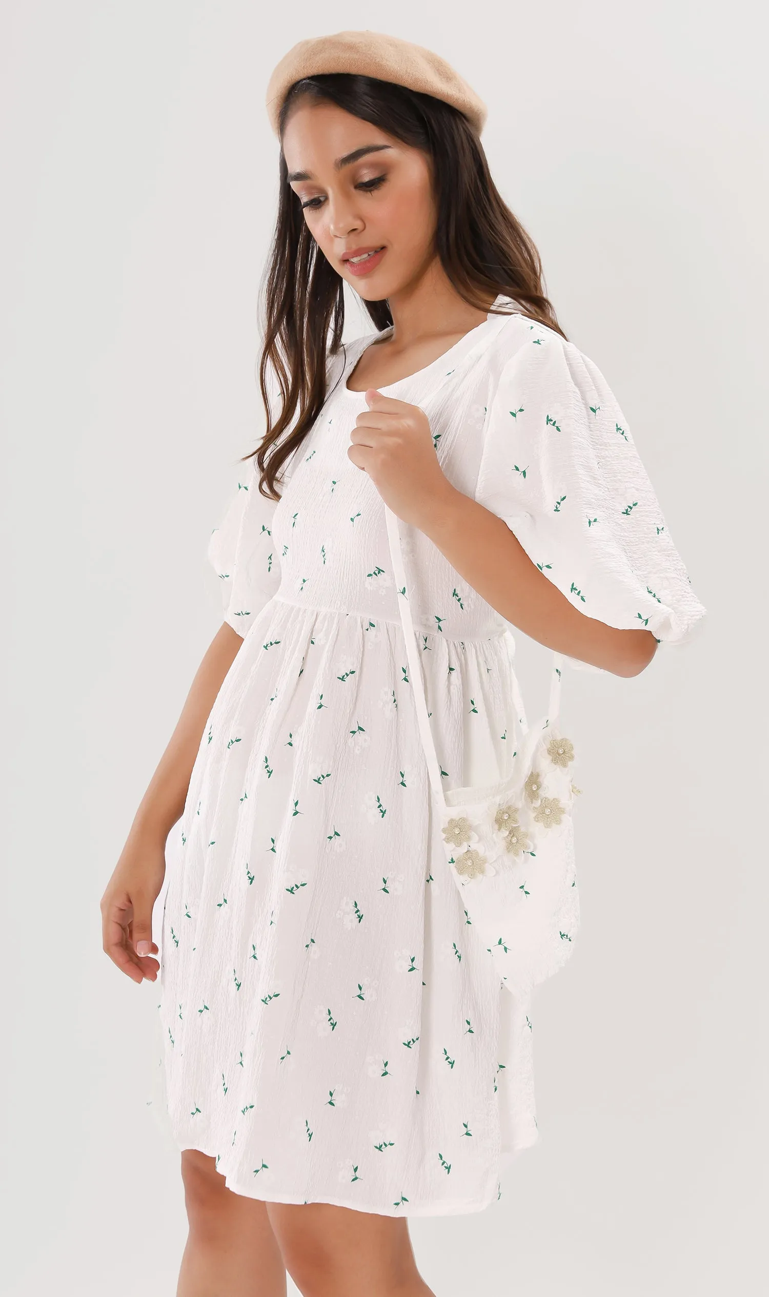 YANA Floral-Print Puff-Sleeve Babydoll Dress w/ Bag (White)