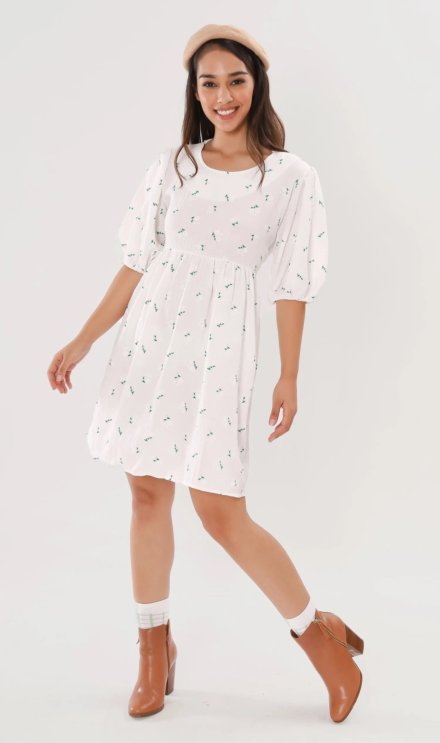 YANA Floral-Print Puff-Sleeve Babydoll Dress w/ Bag (White)