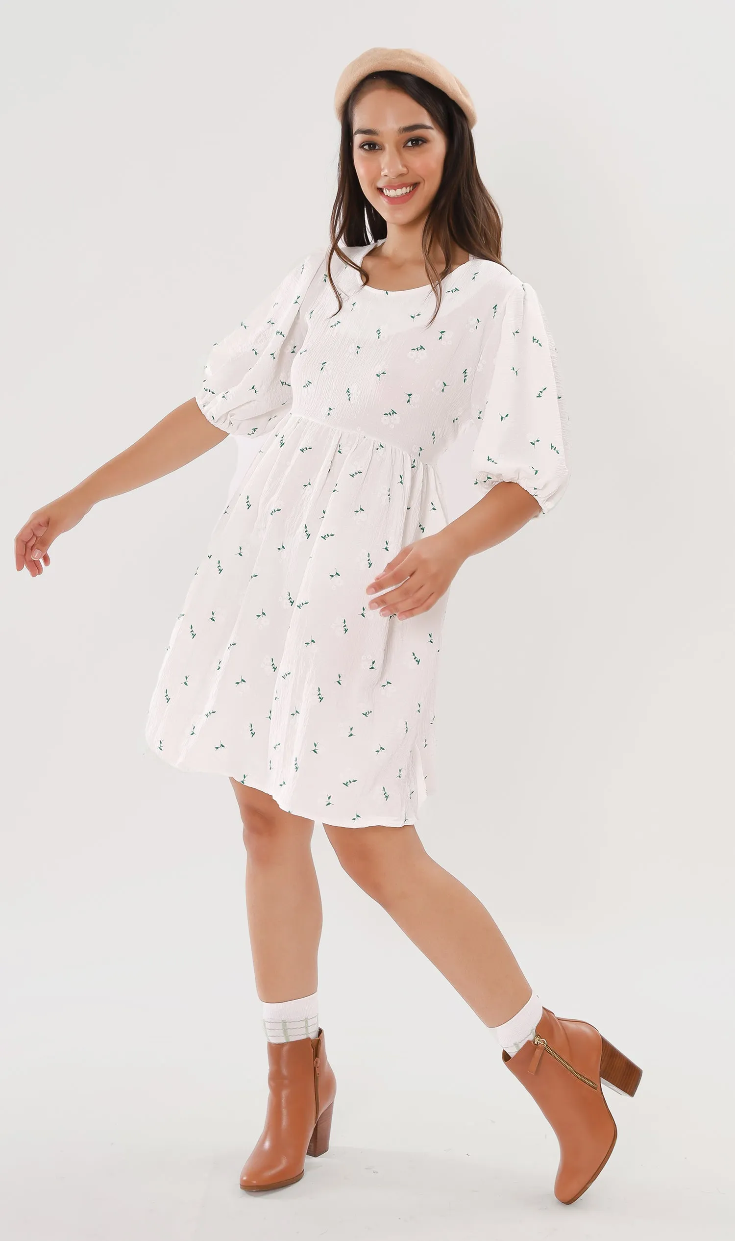 YANA Floral-Print Puff-Sleeve Babydoll Dress w/ Bag (White)